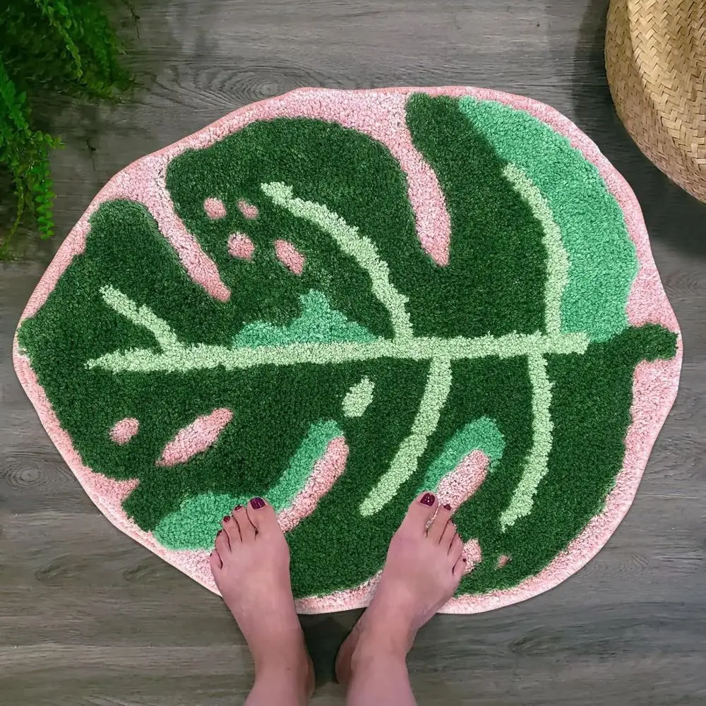 Soft Leaf Rug Thickened Fiber Leaf Shape Pattern Bedside Rug Irregular Design TPR Anti-Slip Water Absorbent Mat For Bathroom