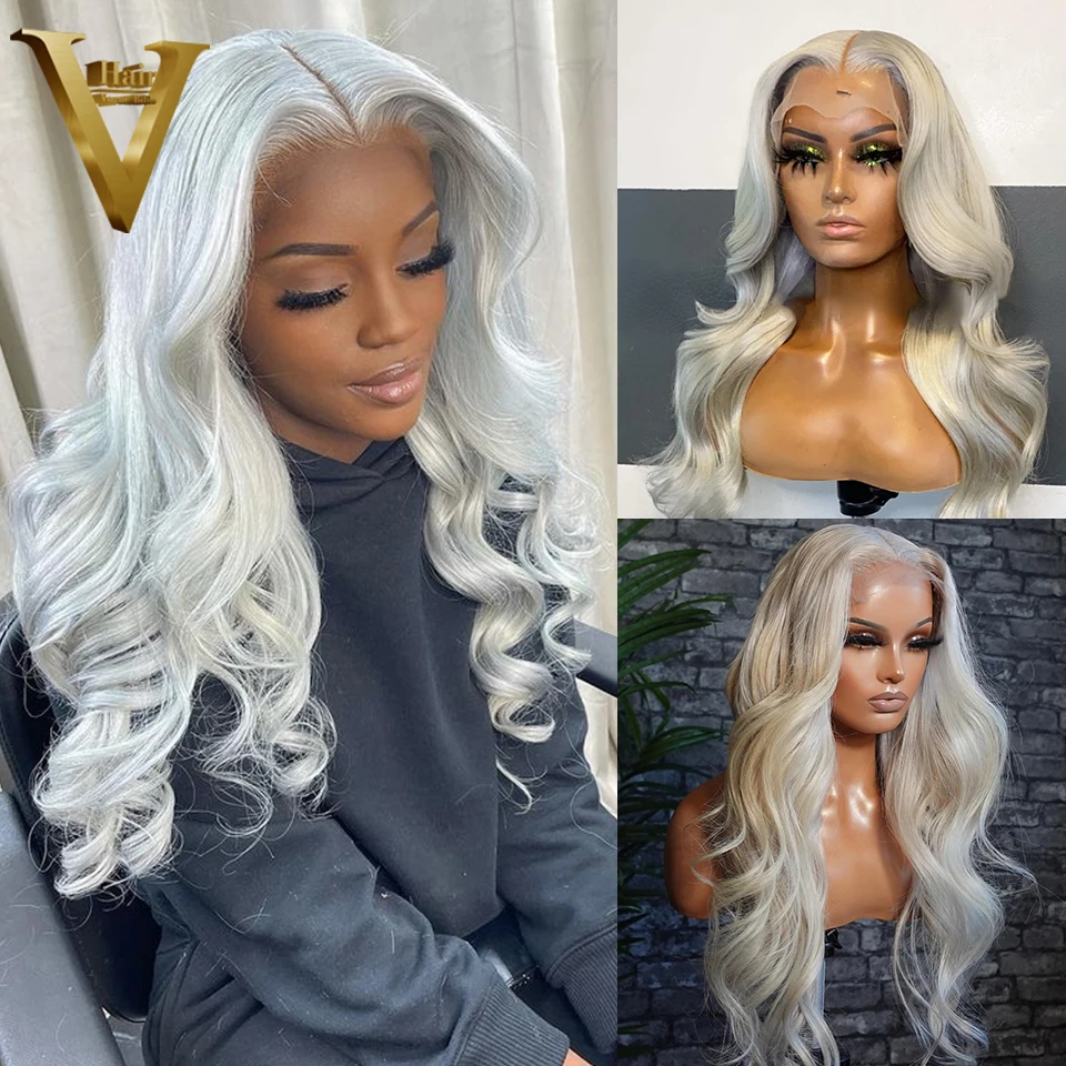 

Fashion Silvery White Color Bdoy Wave Wig Human Hair 13X4 HD Transparent Lace Front Wig Party Brazilian Women Wigs Ready to Wear