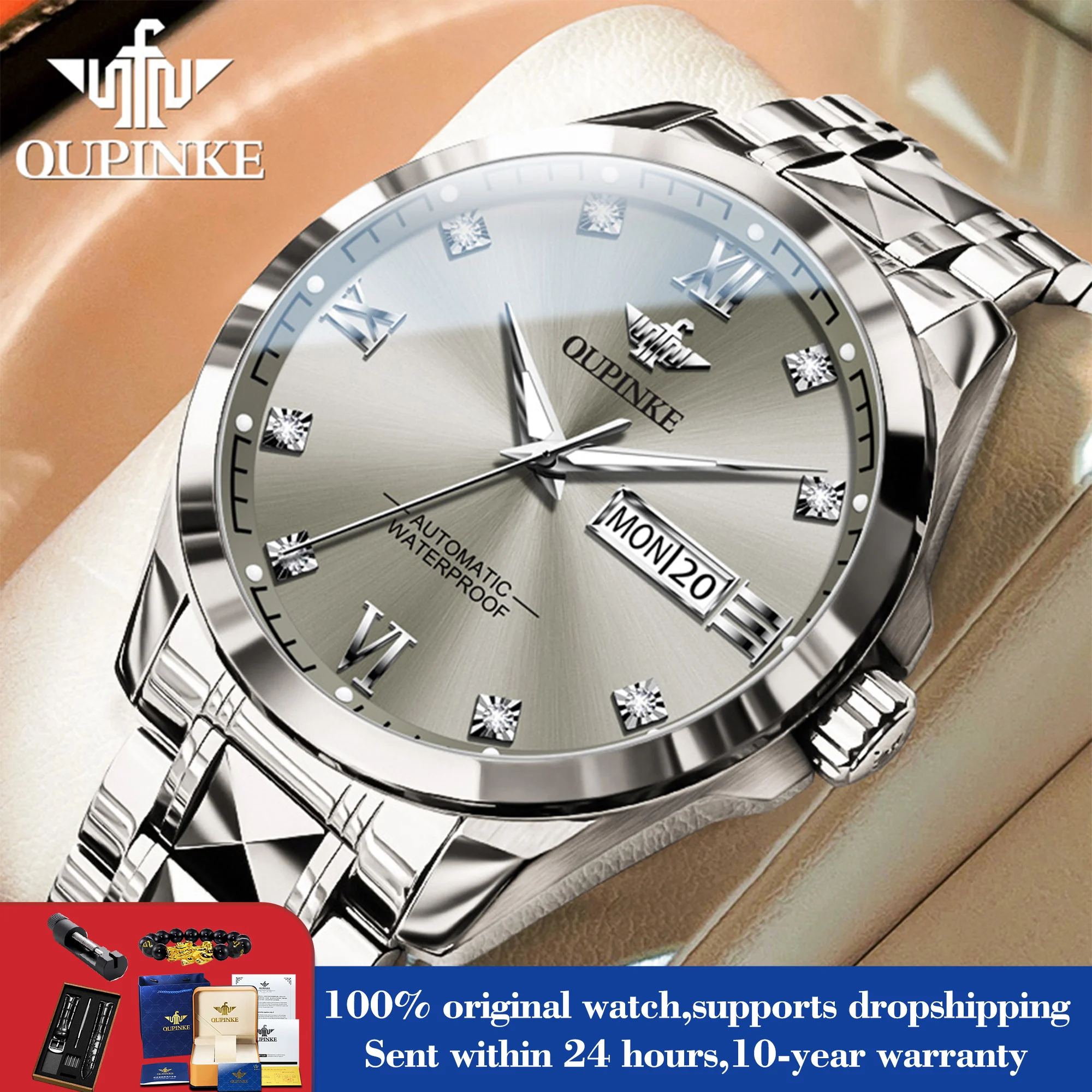 OUPINKE 3262 Business Automatic Mechanical Watch For Men Week Date Display Sapphire Mirror Hand Clock Deep Waterproof Man Watch