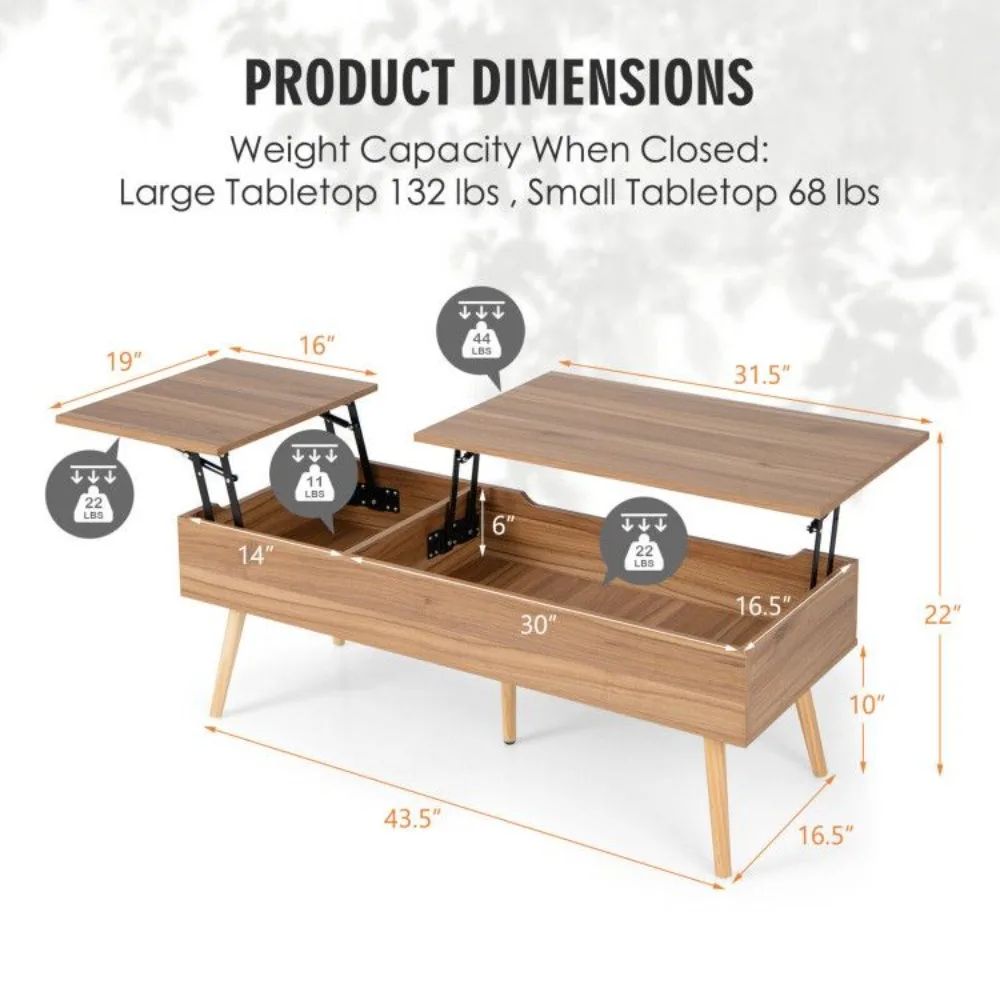 47 Inch Lift Top Coffee Table with 2 Hidden Compartments, Split Lift-top Design,Superior Pneumatic Lifting Mechanism,Café Tables