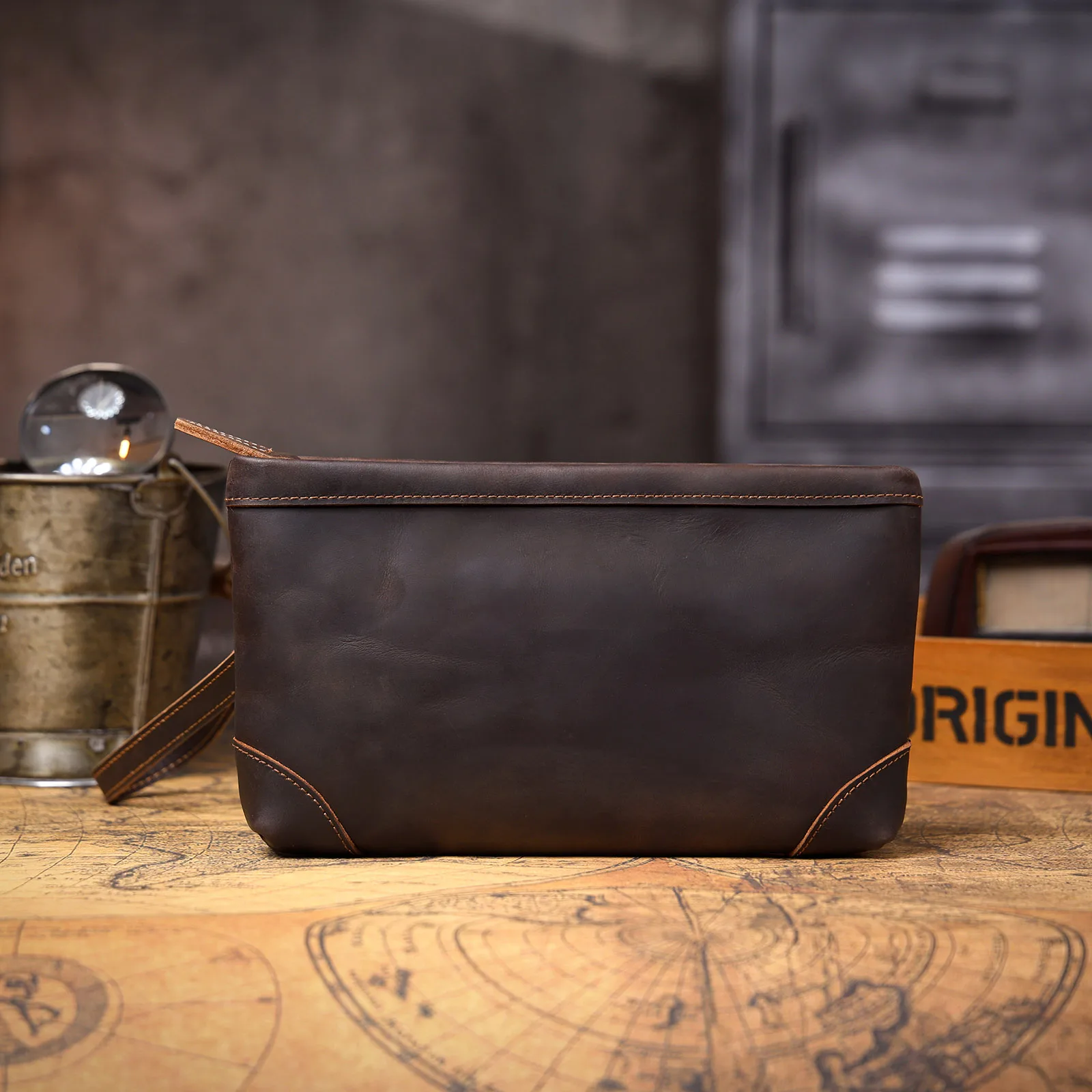 S.WORKER Vintage Echtleder Herren-Clutch-Tasche Lange Geldbörse für Männer Erstschicht-Leder-Portemonnaie Retro-Kartenhalter Handyhalter – Detail 8