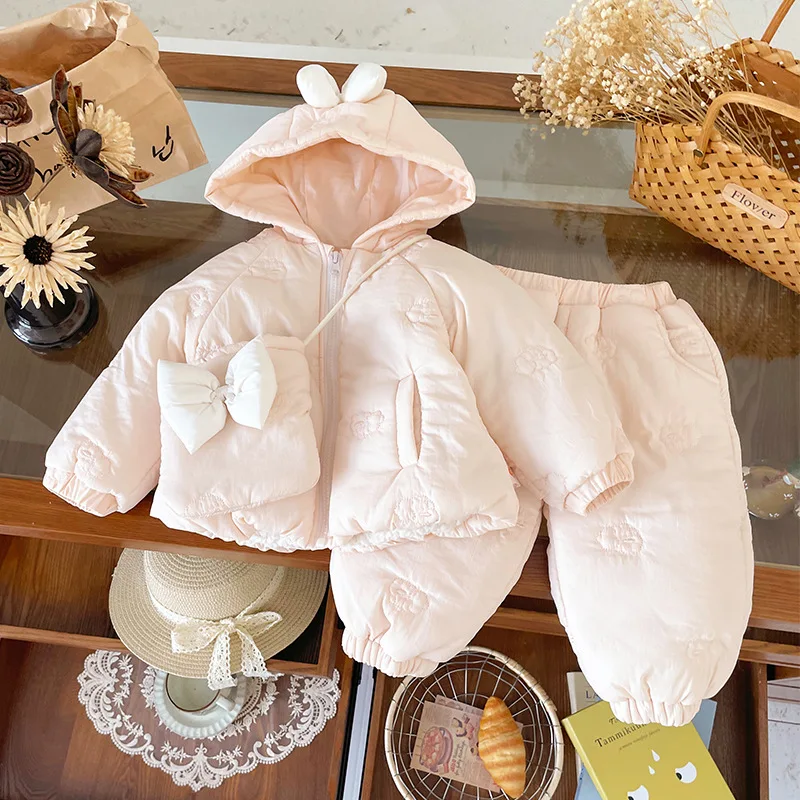 Children's Velvet Thickened Coats Set Autumn Winter Girls' Bow Hooded Zipper Jacket Loose Warm Cotton Pants 2 Piece Set Send Bag