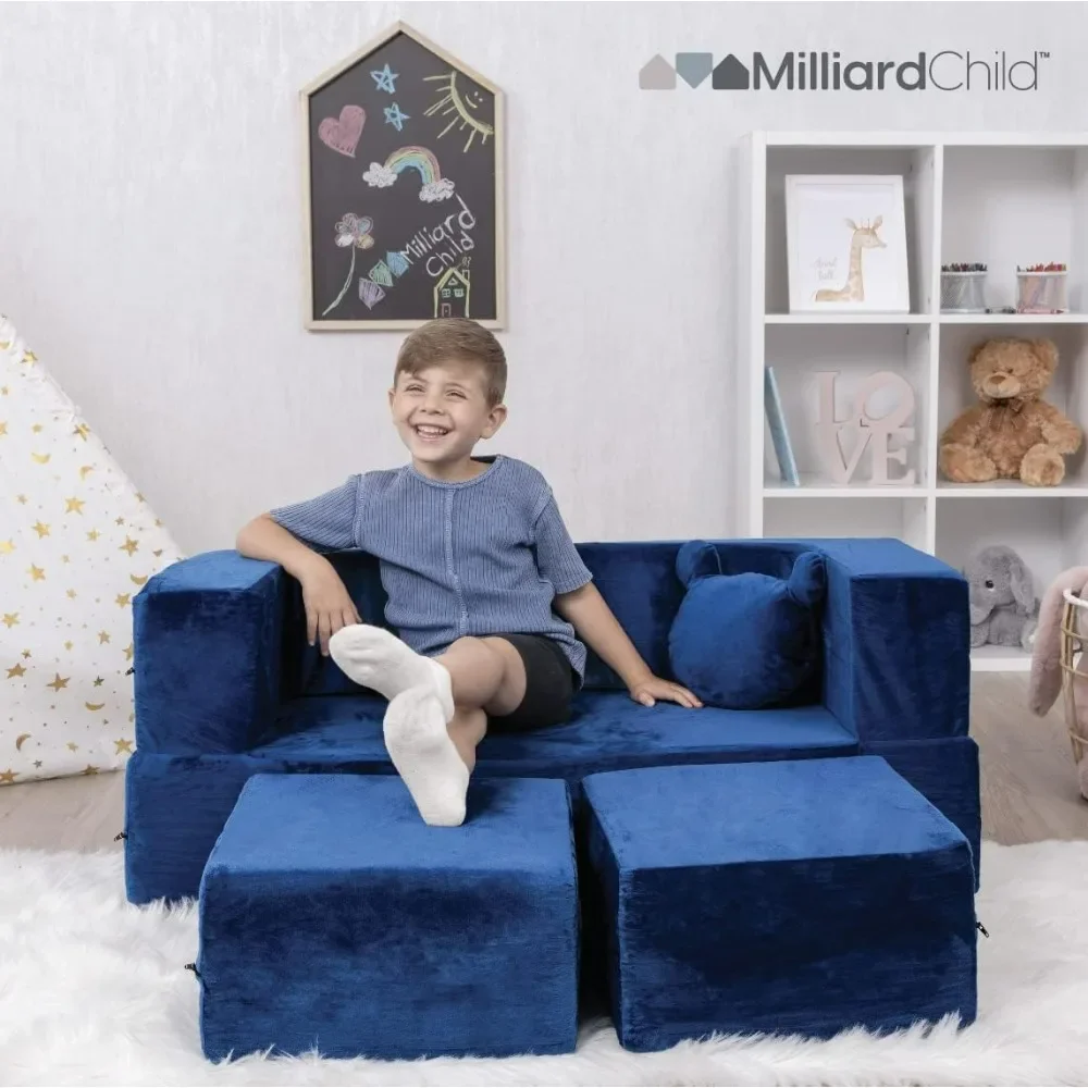 Milliard Kids Couch - Modular Kids Sofa for Toddler and Baby Playroom/Bedroom Furniture (Navy Blue) with Bonus Pillow