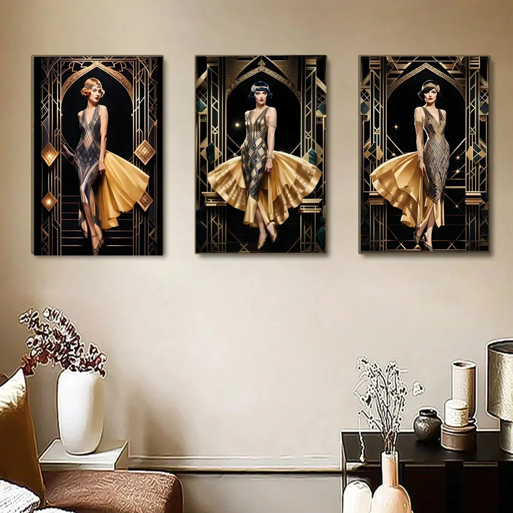 Multiple sizes 1pc frameless Canvas Painting,1920s Inspired Mid Century Lady Golden Girls Set of 3 Decor Modern Wall Luxury Artw
