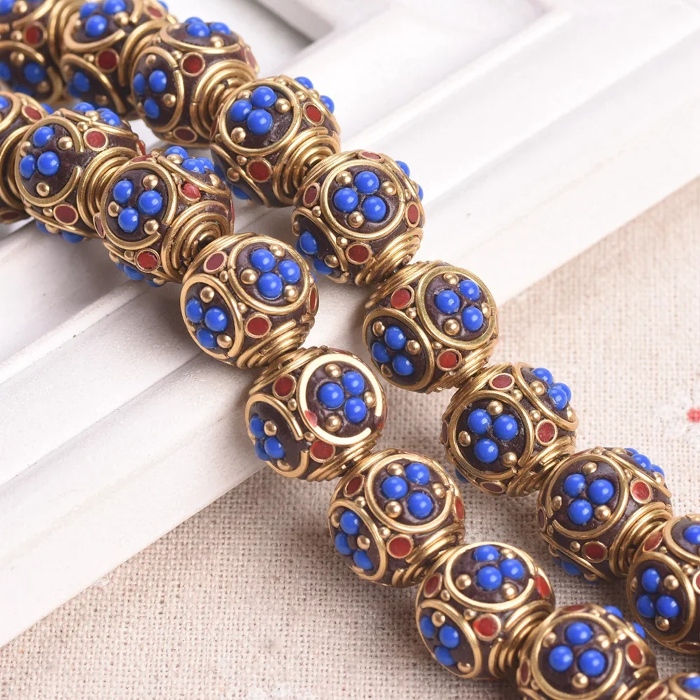 2pcs 15mm-17mm Round Handmade Nepalese Tibetan Buddhist Brass Metal Clay Loose Beads For DIY Jewelry Making Accessories