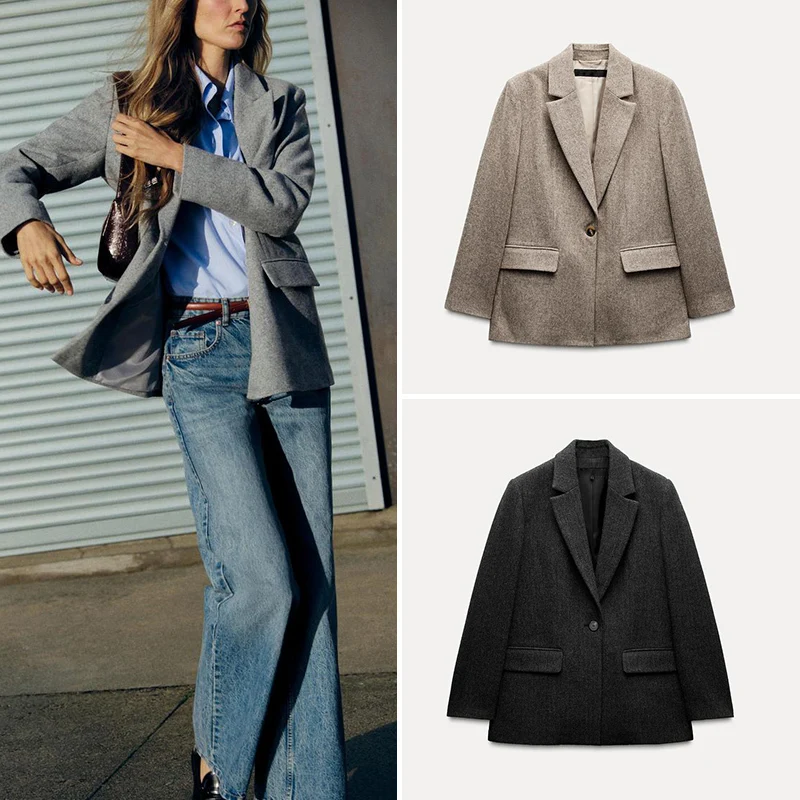 Casaco de Negócios F de Lã Mesclada para Inverno, Manga Longa, Gola Entalhada, Estilo Twill para o Dia a Dia, Espur...