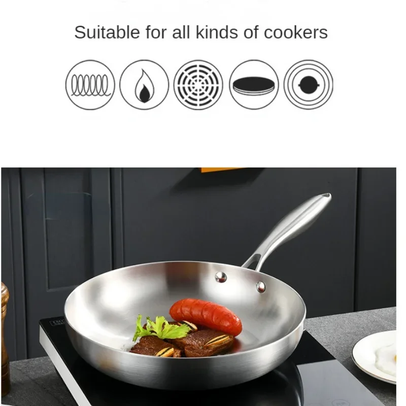 Five-layer Steel Frying Pan 304 Stainless Steel Steak Wok Non-stick Frying Pan Uncoated Stovetop Universal Kitchen Pans  Wok