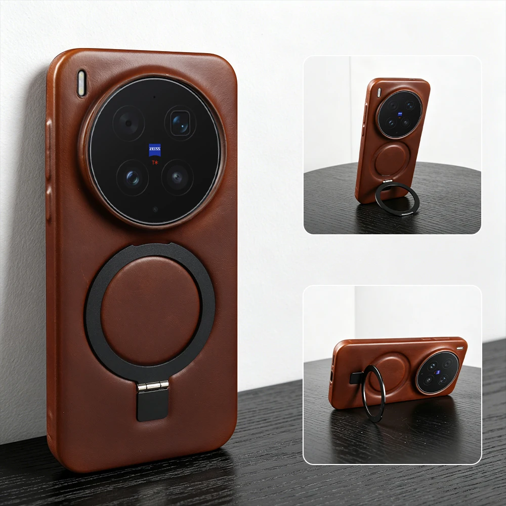 

Magnetic Bracket Ring Genuine Leather Case For Vivo X300 Pro Ultra X200 FE S30 Pro mini X300S X200S X100S Pro Phone Case Cover