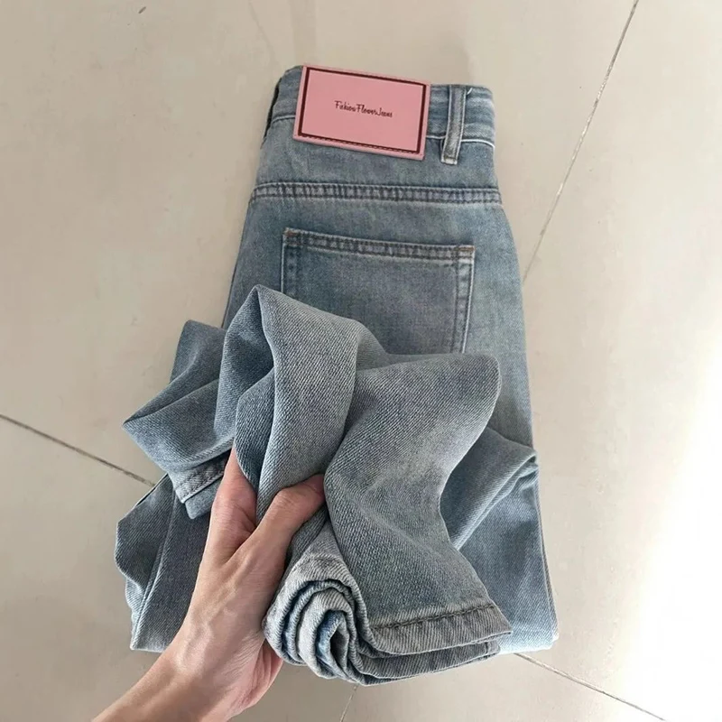 

Женские классические повседневные джинсы с высокой талией, женские корейские модные тонкие брюки для девочек, Лидер продаж, модные прямые джинсовые брюки