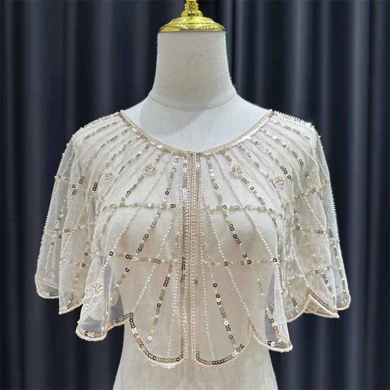 Beading &Sequin Flower Shawl Elegant Sparkly Cape Breathable Mesh Short Cardigan Women Trend Dress Accessories For Party Prom 04