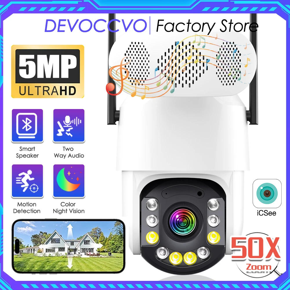 5MP Bluetooth Speaker Wifi PTZ 50X Zoom Camera Waterproof Outdoor Wireless Cctv Security Color Night Vision Camera ICsee Xmeye