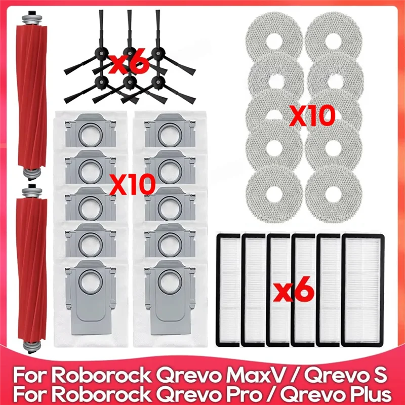 

BAAM-For Roborock Qrevo S, Qrevo Pro, Qrevo Maxv, Qrevo Plus Vacuum Parts Main Side Brush Filter Mop Pads Cloth Dust Bags