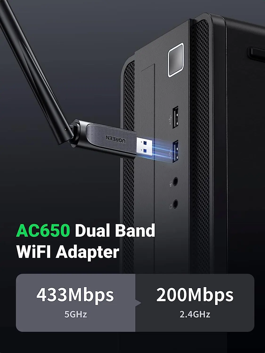PC 데스크탑용 UGREEN AC650 USB WiFi 어댑터 6dBi 안테나 2.4GHz 5GHz 듀얼 밴드 무선 어댑터