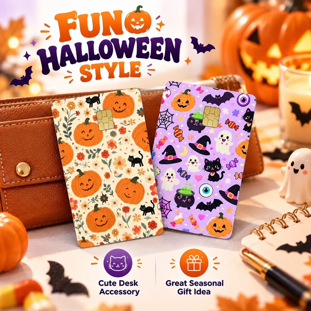 Vintage Halloween Card Skin Sticker Floral Pumpkin Black Cat Autumn Pattern Decorative Bank Card Chip Cover For Chip Cards