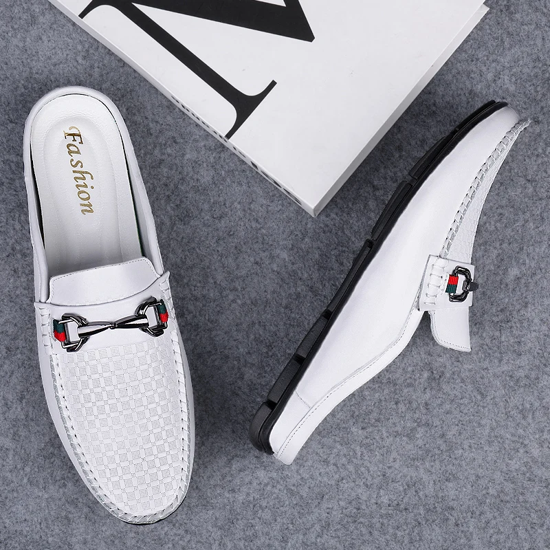 Large Size Mules Men Half Shoes For Man Slippers Leather Women Semi-Drag Casual Shoes Backless Loafers Male Slides Flats Sandals
