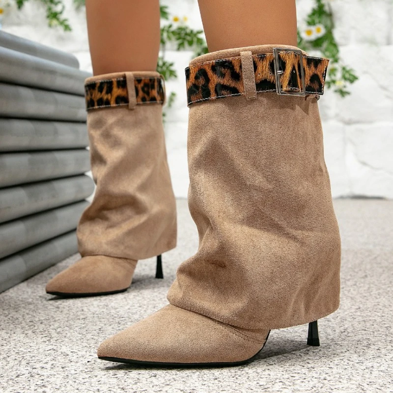 

Sexy Leopard Print Buckle Decoration Ankle Boots Women High Quality Faux Suede Boots Fashion Pointed Toe Thin Heel Modern Boots