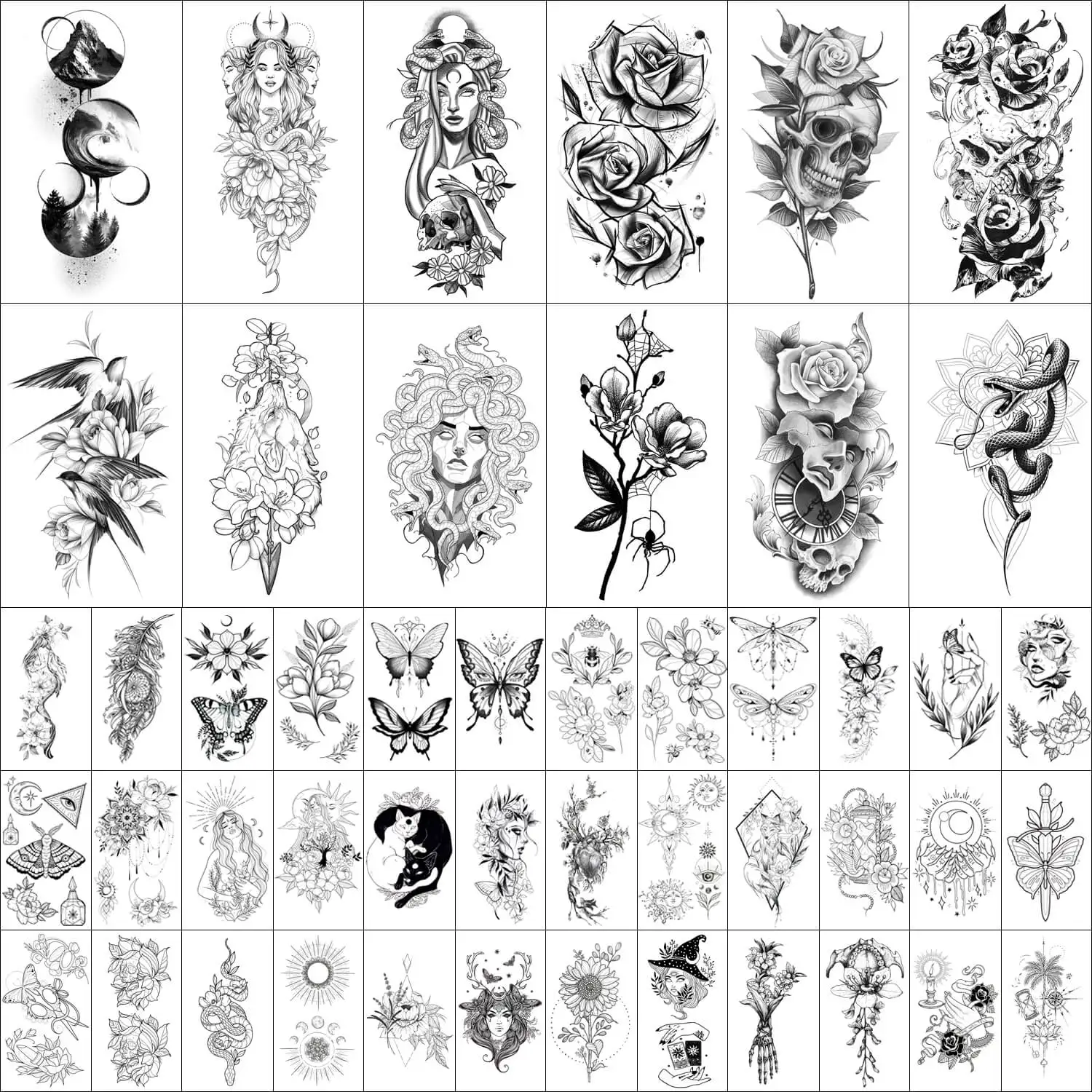 Tatuagem Temporária GLARYYEARS para Mulheres, Tatuagens Realistas de Longa Duração de 48 pacotes, 12 Grandes + 36 Pequenos Adesivos de Tatuagem