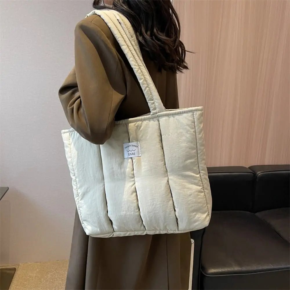 

Cute Korean Style Cotton Shoulder Bag Soft Solid Color Nylon Handbag Lightweight Large Capacity Space Cotton Bag Lady