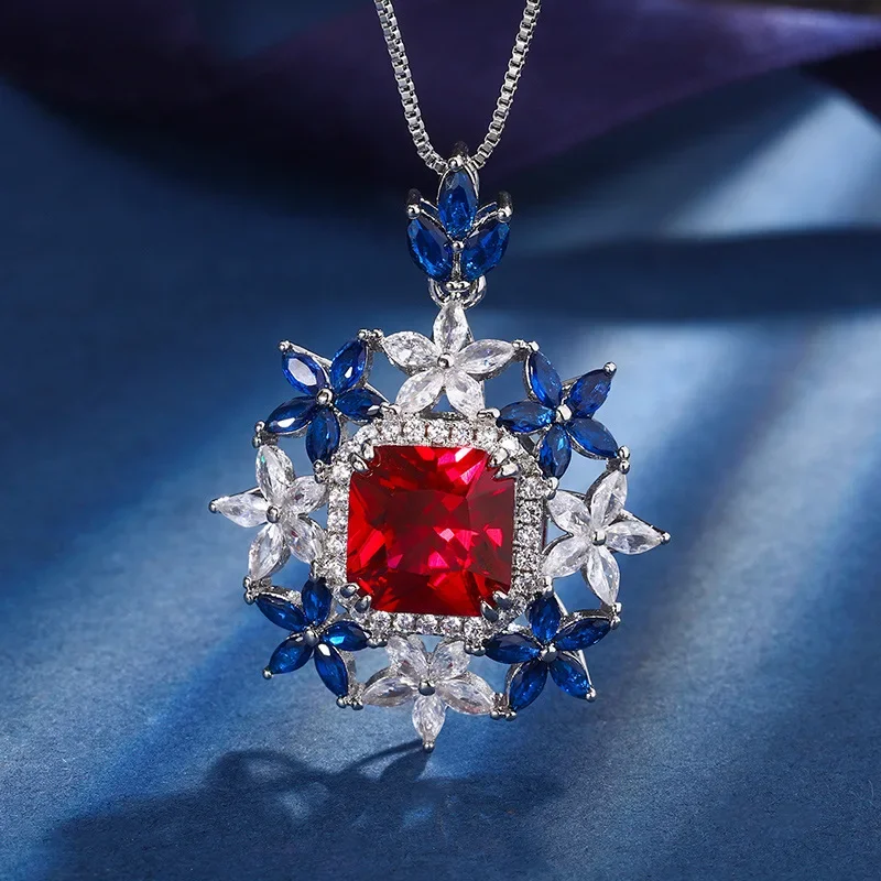 S925 silver plated 18K gold plated PT950 platinum jewelry set red corundum emerald flower-shaped set for women 10*10