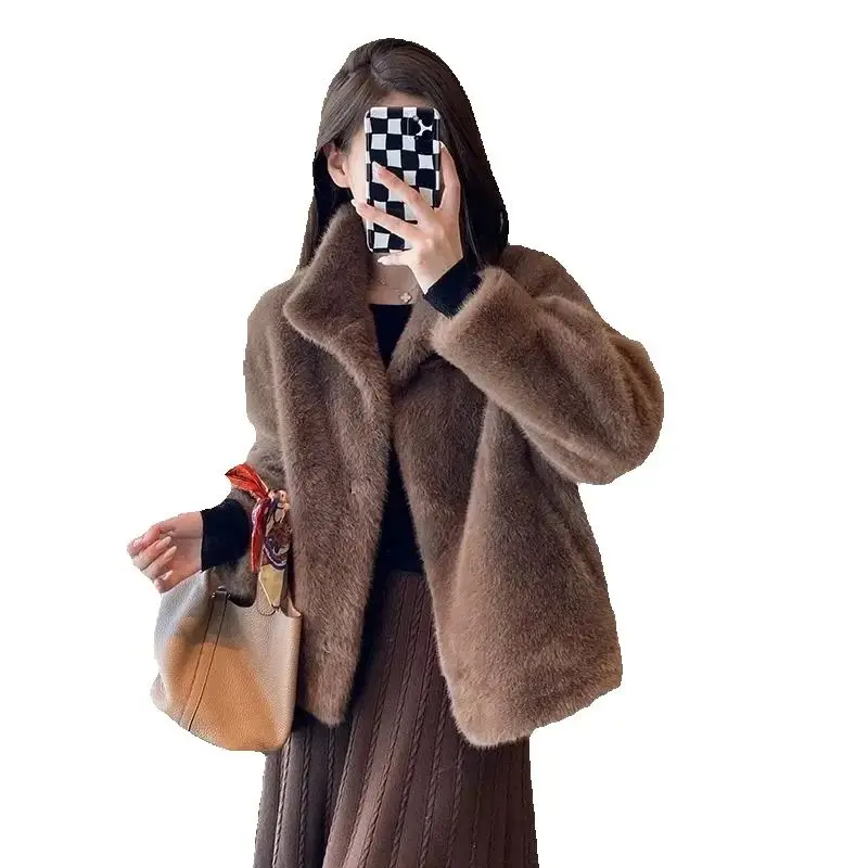 

Корейская женская шуба с воротником-стойкой, осенне-зимняя, с длинными рукавами, из искусственного меха, высококачественная, толстая, короткая, плюшевая верхняя одежда