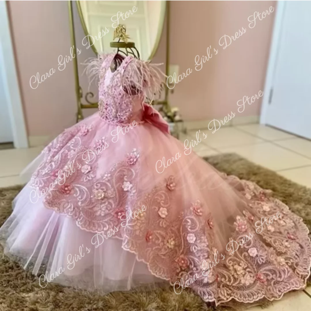 White Pearl Flower Girl Dress Wedding Puffy Sleeveless Princess Dress Suitable for Birthday Parties Christmas  First Communion