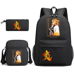 Anime Rengoku Kyoujurou Harajuku Three Piece Backpack Girls Boys Laptop Backpack Large Capacity Rucksack Shoulder Bag Pen Bag