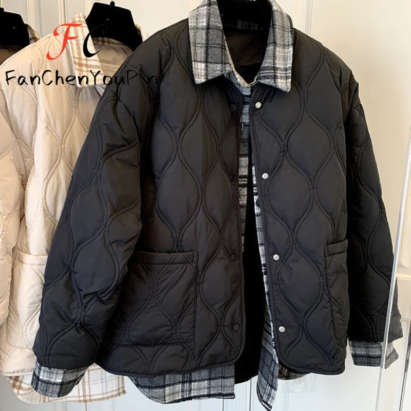 New Autumn Winter Women's Coat Fashion Loose Checkered Shirt Splicing Long Sleeved Cotton Jacket Casual Temperament Thin Parkas image 2