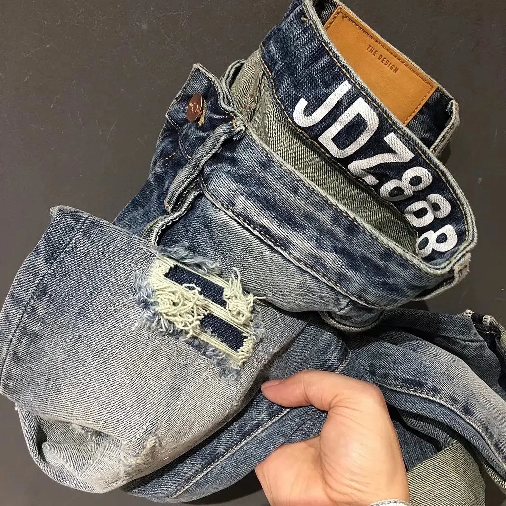 

Retro Vintage Men's Jeans Distressed Loose Fit Blue Patched Long Trousers Straight Leg Casual Cotton Stretch Denim Jeans