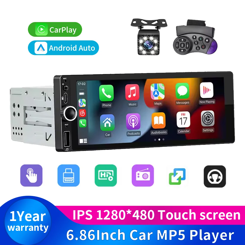 

IPS 6.9 Inch 1Din Carplay Android Auto Car Radio Multimedia Video MP5 Player 1 Din No DVD with Bluetooth Stereo USB Charging