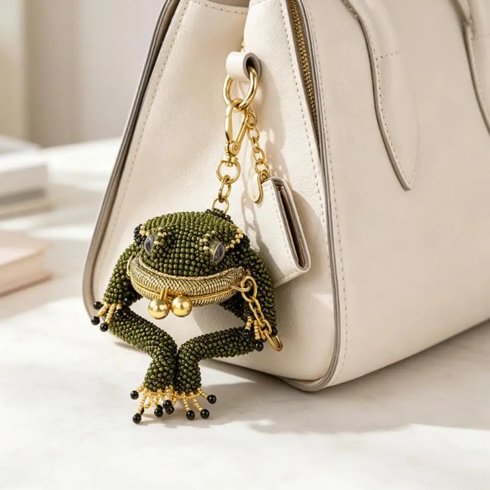 Creative Frog Shaped Coin Purse Beaded Mini Storage Pouch Metal Kiss Lock Keychain Bag Charm for Daily Essentials and Gift