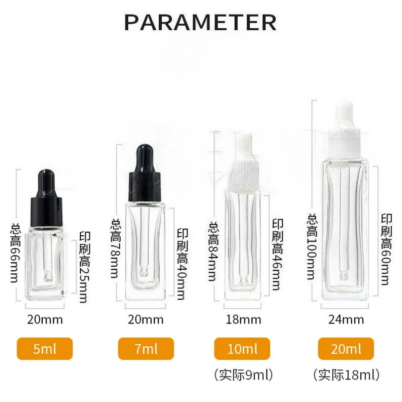 20 Stück 5ml 7ml 10ml 20ml Quadratische Tropfflaschen aus Glas, Leere Flaschen für Ätherische Öle, Aromatherapie, Tragbare Kosmetik-Probenfläschchen – Detail 1