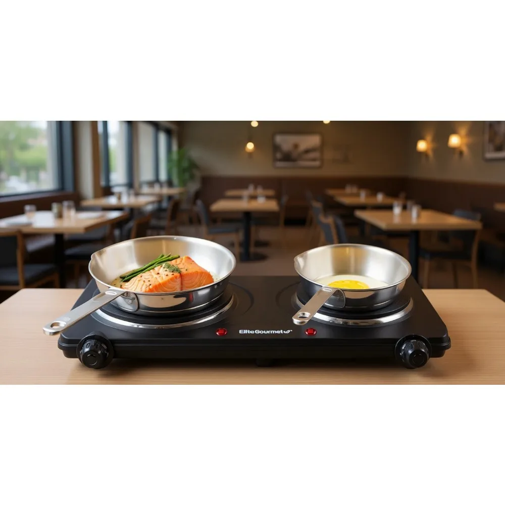

Countertop Double Cast Iron Burner 1500W Electric Hot Plate with Temperature Controls Power Indicator Easy Clean