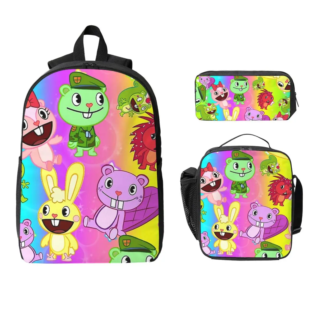 

Дизайнерский рюкзак Happy Tree Friends, студенческий рюкзак для мальчиков и девочек, школьная сумка, сумки на плечо для ноутбука, 3 шт., изолированная сумка для обеда, пенал