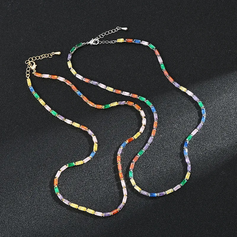 Regenbogen-Kristall-Tennis-Halskette für Damen, Kupfer-Zirkon, kurze Halskette, Halsband, vergoldet, Schmuck, Party-Geschenke