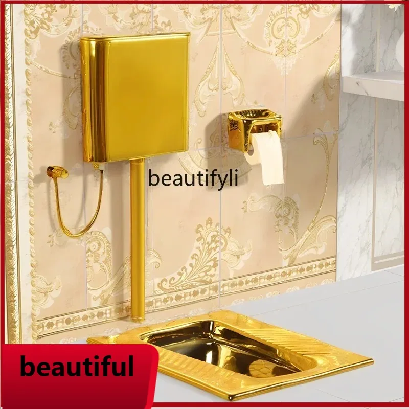 

F156 D5556Golden squatting toilet ceramic water tank complete set silent deodorant water-saving bathroom squatting pit bar ba