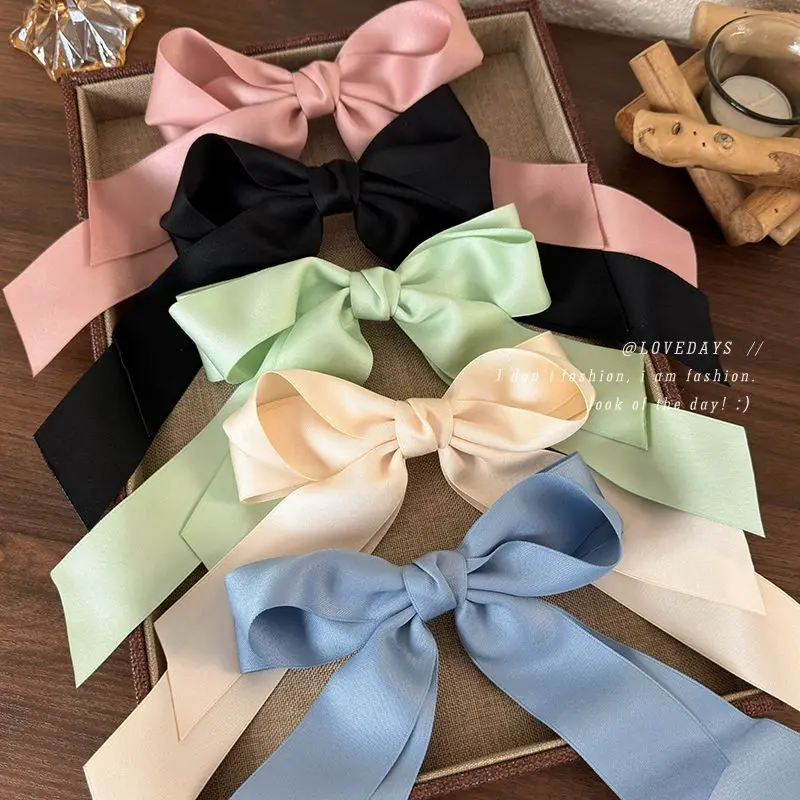 2024 Korean Dopamine Style Mint Green Large Bow Ribbon Hair Clips fashion bowknot Tassels Hair Accessories Headwear 1pc