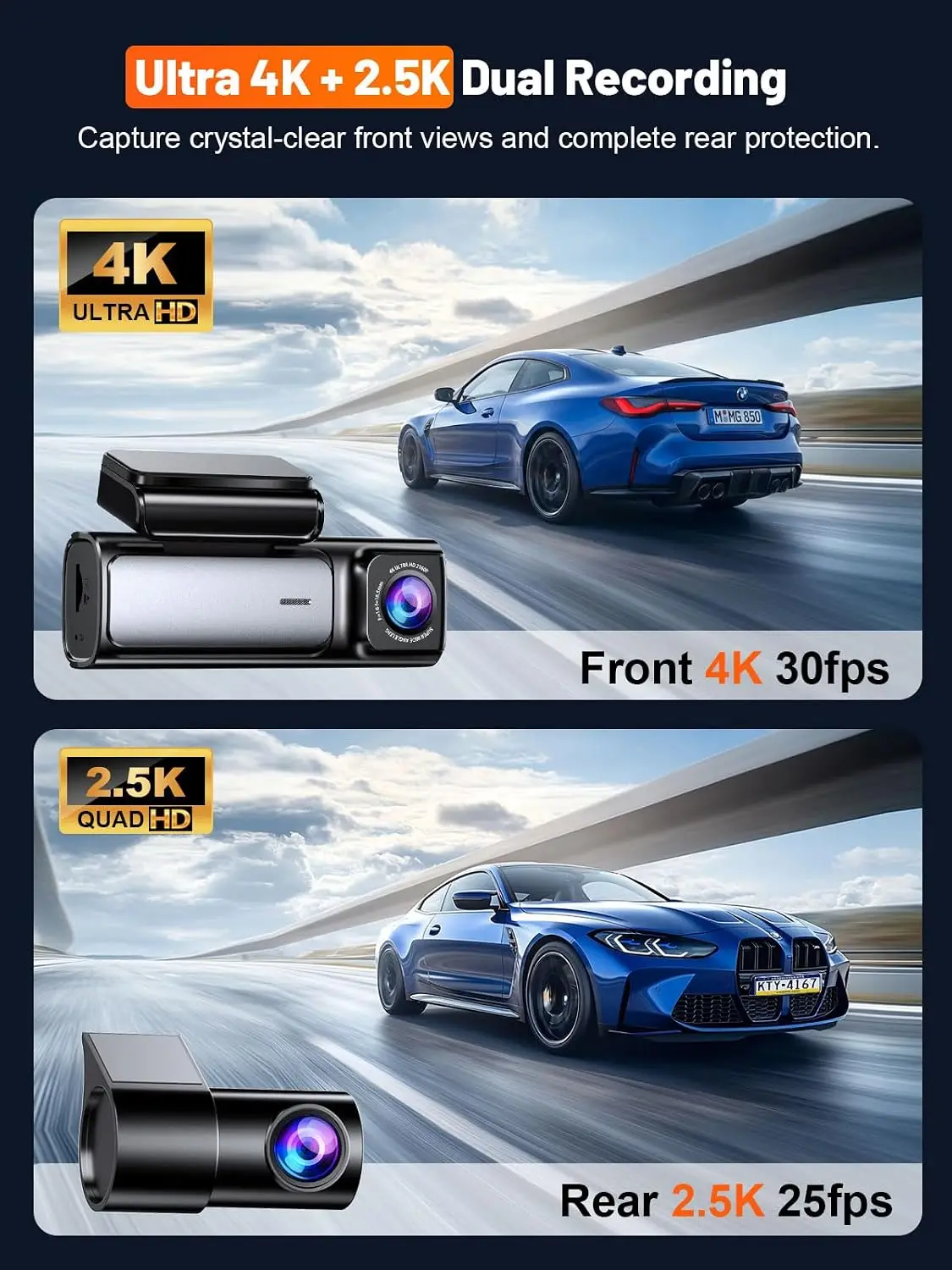 Front Rear Dashcam 4K 25K Built 5G WiFi 6 GPS 64GB Card 359 IPS Screen APP Control G Sensor Loop Recording 24H Parking Mode Nigh