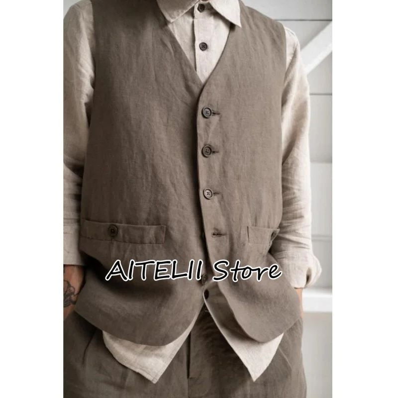 Formal Men's Retro Solid Color Vest Cotton Linen Slim V-neck Single Breasted Sleeveless Suitable for Leisure Business Cool Coat