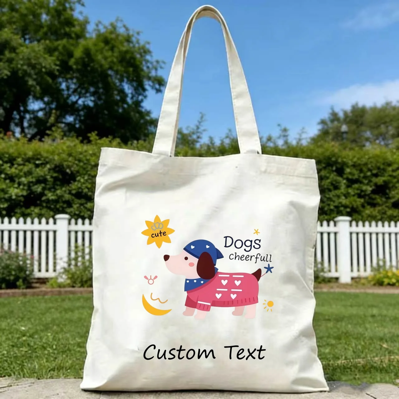 Custom Canvas Tote Bag Cute 1PC Cartoon Dachshund Dog Print Custom Text Eco Reusable Shopping Shoulder Handbag