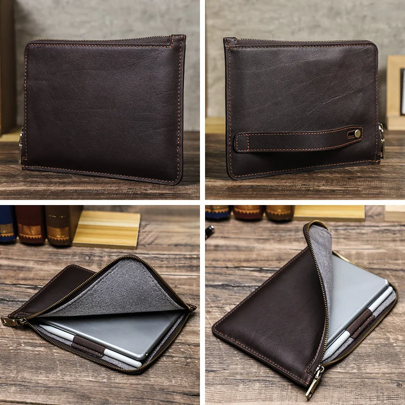 Genuine Leather iPad Sleeve Durable Protective Zippered Tablet Case with Built-in Apple Pencil Holder Vintage Cowhide iPad Bags