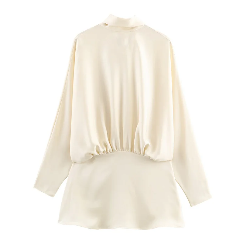 Silk Satin ort Dr with Scarf Long Sve Waist Cinched A-Line Skirt Women's Faion Casual Polyester Fiber Gown