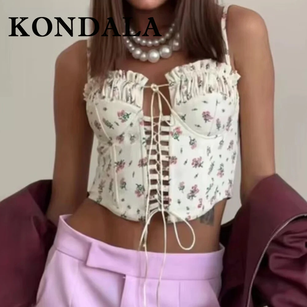 

KONDALA Chic Sexy Sheath Woman Cami Tops Lace-up Strapless Night Party Tops Fashion 2025 Summer High Street Y2K Hollow Short Top