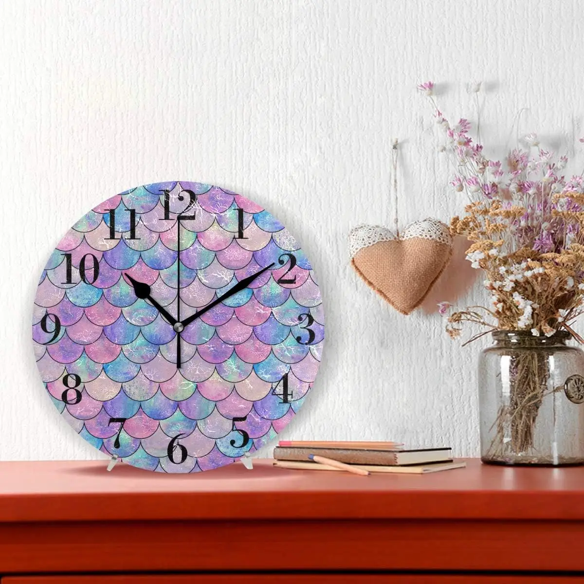 Mermaid Fish Scale Wall Clock 9.8 Inch Silent Round Wall Clock Battery Operated Non Ticking Creative Decorative Clock for