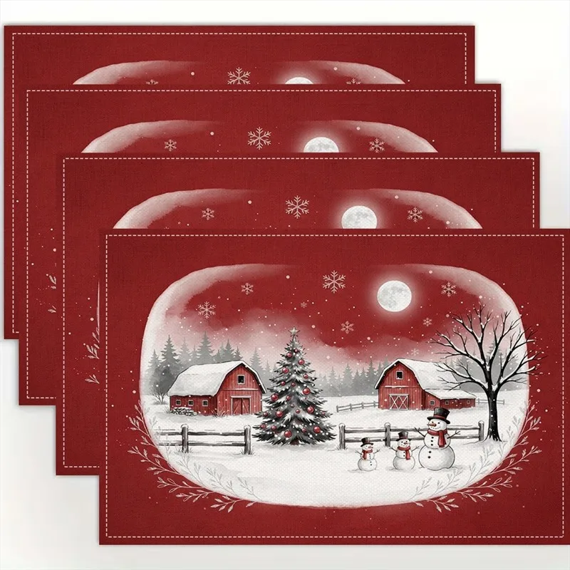 VIKAMA Linen Placemats Poinsettia Pinecone Cream Red, Stain Resistant Easy to Clean, Dining Table Holiday Decor