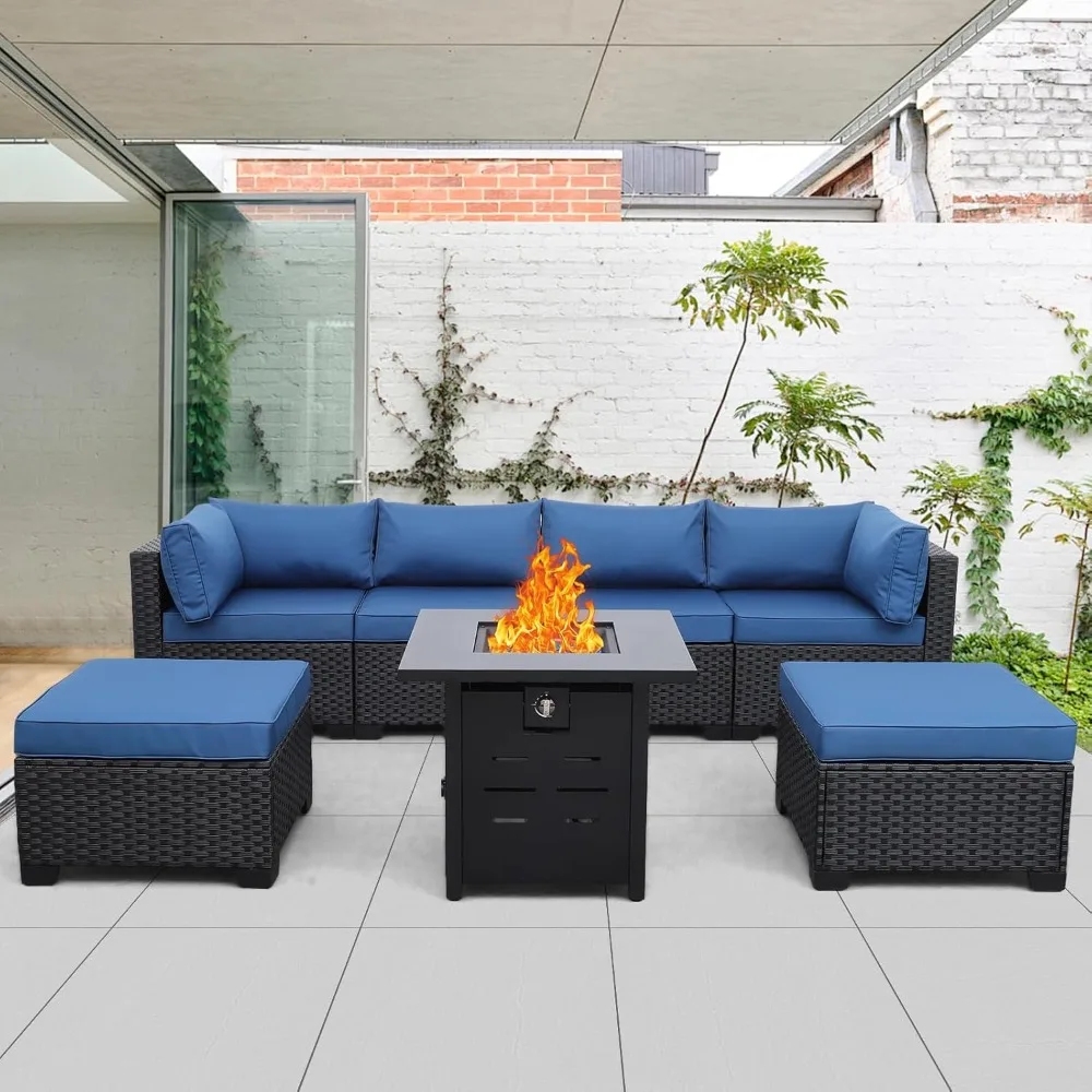 

Sofa Set, 7 Piece, Outdoor PE Wicker Furniture Set, Patio Rattan Sectional with Cushions and Fire Pit Table, Sofa Patio Set