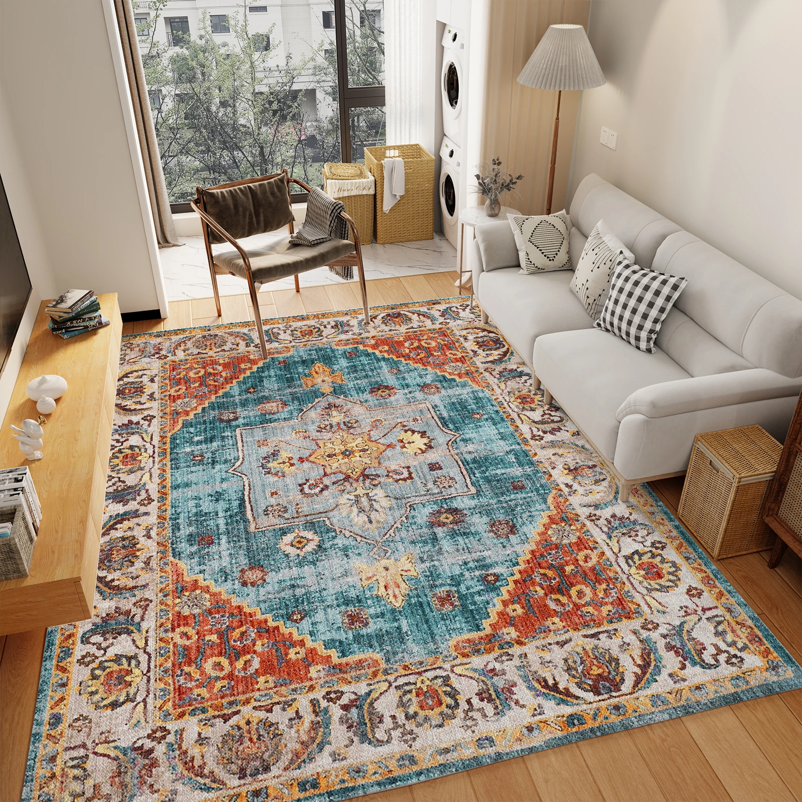 

Orhopui Boho Area Rug, Machine Washable, Vintage Oriental Distressed Non-Shedding Living Room Bedroom Dining Home Office Carpet