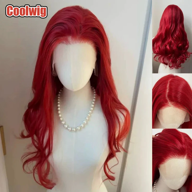Coolwig Synthetic Hair 13×6 Hand Hook Wavy 70cm Long Curly Red Lace Wigs Role Play Halloween Fashion Cosplay Wigs Heat Resistant