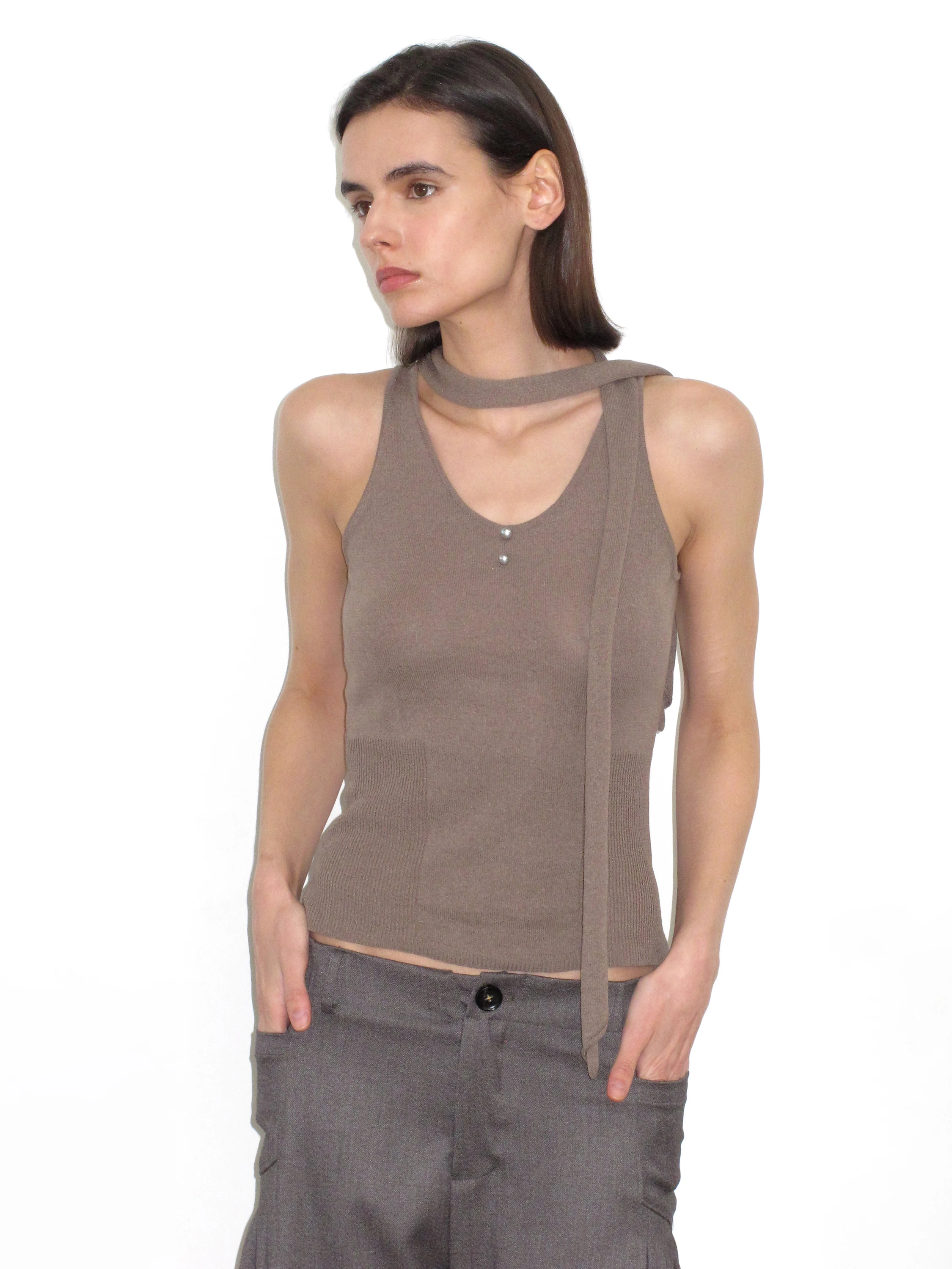 

Mito De Pearl Paper Low Saturation V-ne Belted Slim Fit Strap Vest Women's Faion Summer Collection Breathable ort S...