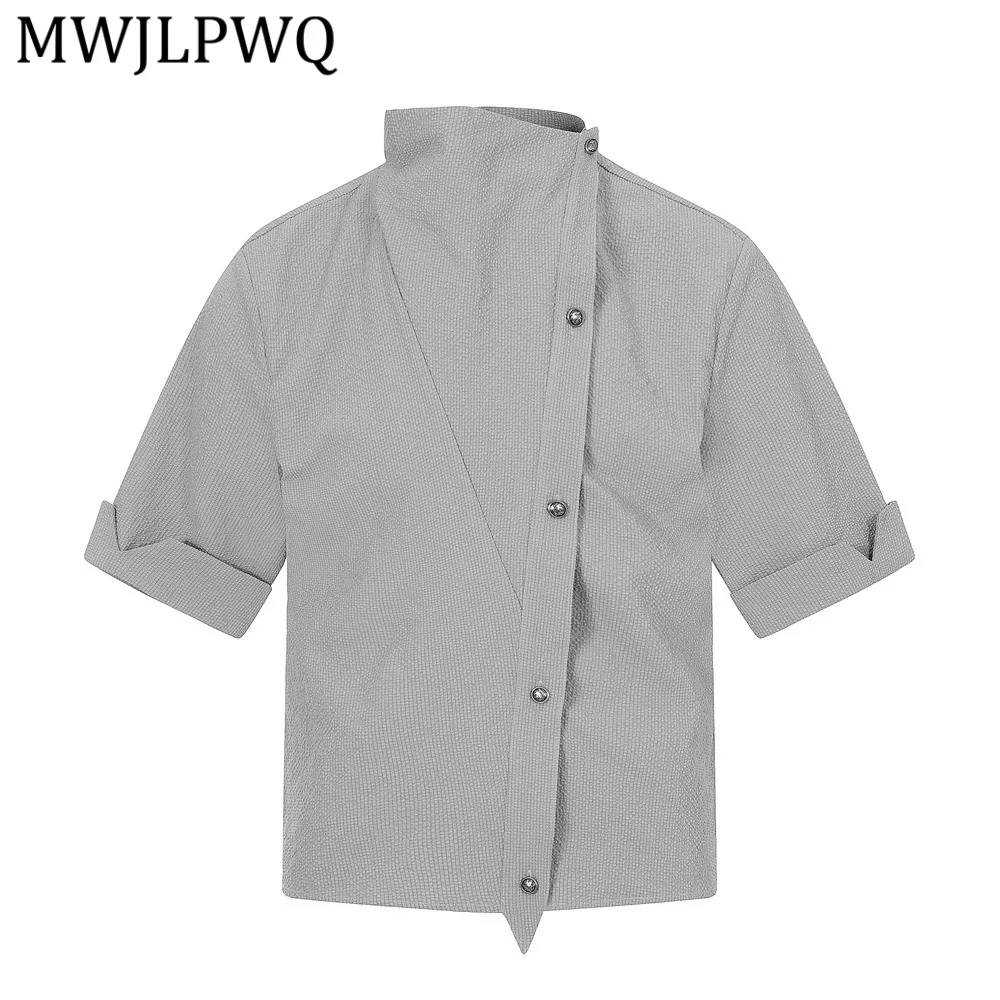

MWJLPWQ Стильные мужские рубашки с асимметричными пуговицами и короткими рукавами, однотонные, свободного кроя, с воротником-стойкой, летние топы 14711