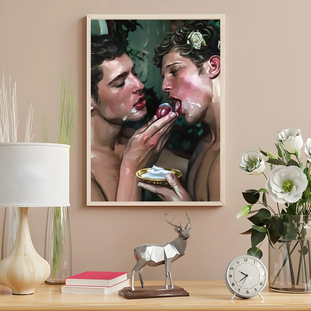 Vintage Gay Men Kiss Poster Sticky Wall Art Paintings Decoration Waterproof for Home Living Room BedRoom Decor